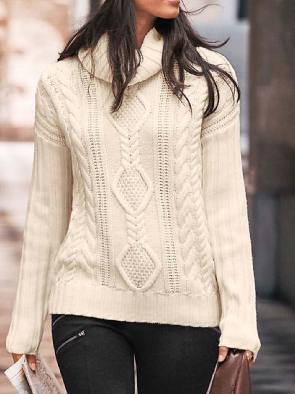 Athleta Classic Cream Cable Cowl-Neck Soft 100% Merino Wool Sweater, Sz XL